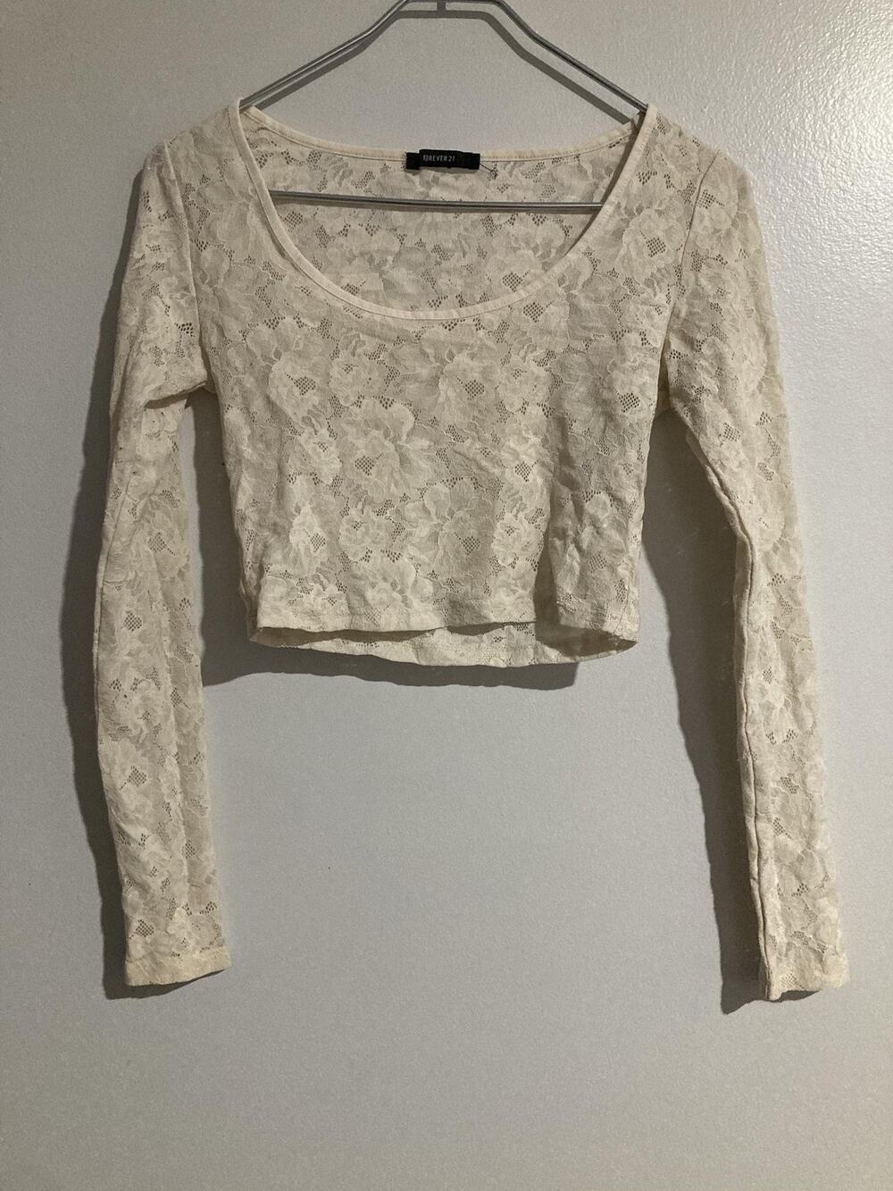 FOREVER 21 Blouse Womens S White Cropped Lace Sheer Scoop Neck Long Sleeve